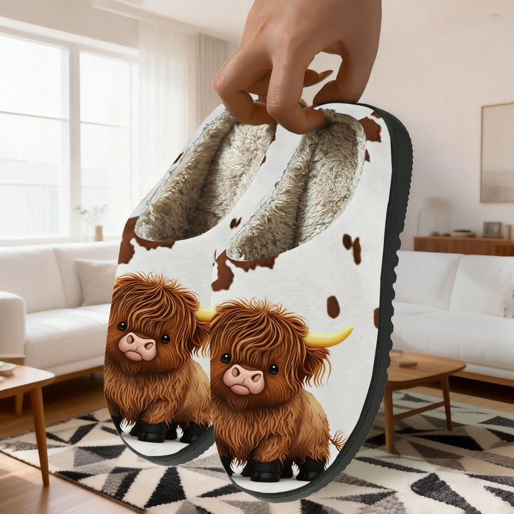 Cute cow print cotton slippers for men and women, perfect for autumn and winter, warm and comfortable.
