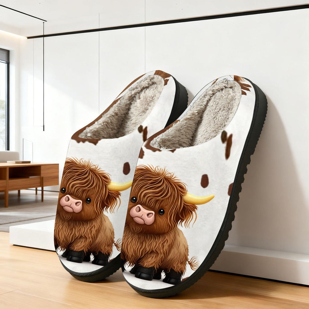 Cute cow print cotton slippers for men and women, perfect for autumn and winter, warm and comfortable.