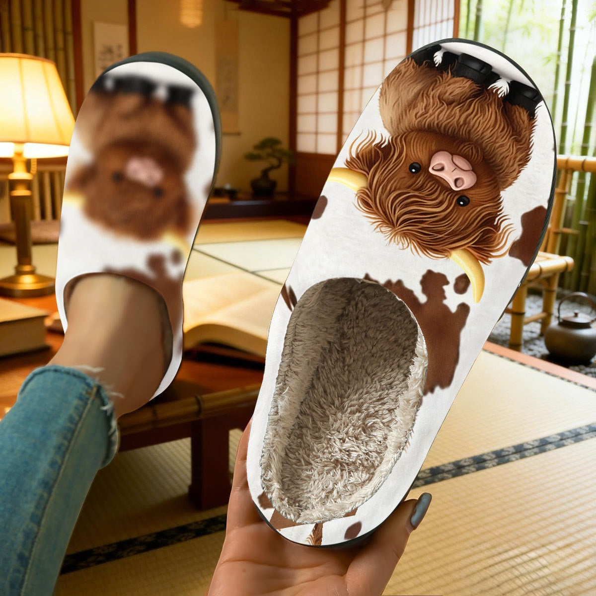 Cute cow print cotton slippers for men and women, perfect for autumn and winter, warm and comfortable.